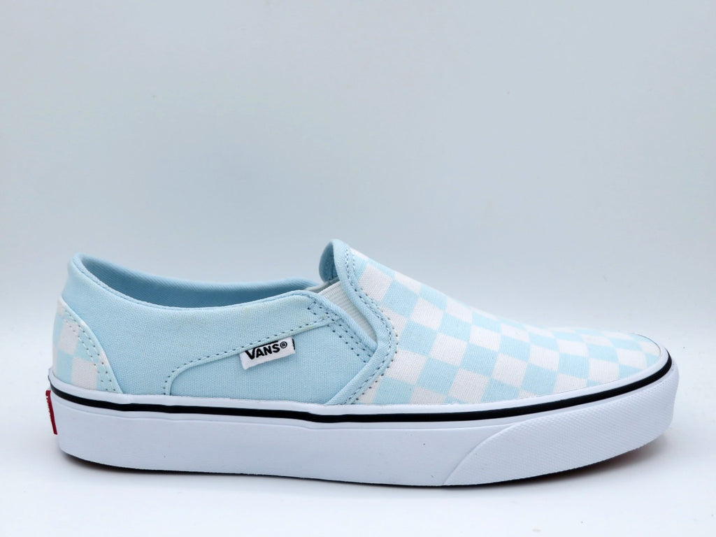 Baby blue checkered clearance vans slip ons